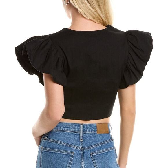 NWOT Derek Lam 10 Crosby Genna Puff Sleeve Front Zip Linen Blend Top Cropped - Picture 2 of 10